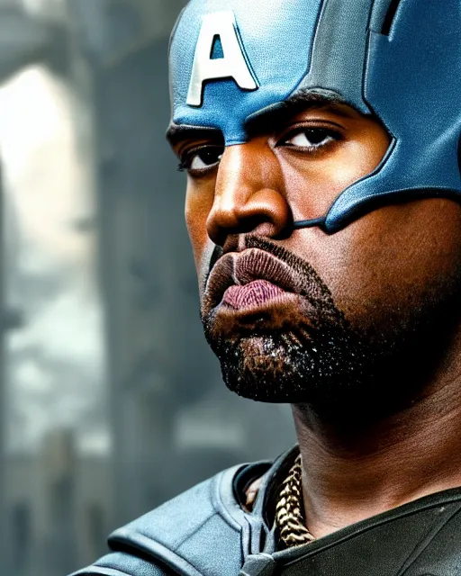 Image similar to film still close - up shot of kanye west as captain america from the movie captain america : the first avenger. photographic, photography