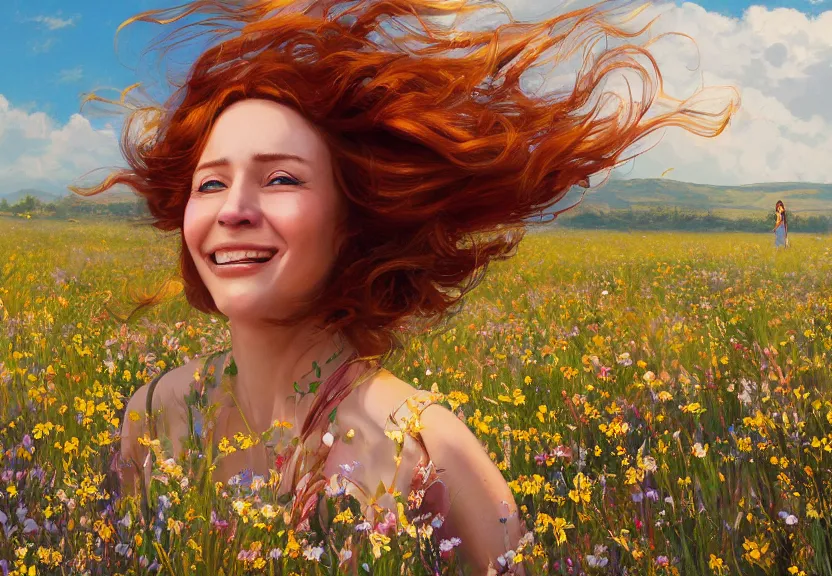 Prompt: a happy woman with copper hair and a flowing yellow sundress dancing in a field of wildflowers, with cute - fine - face, pretty face, realistic shaded perfect face, fine details by realistic shaded lighting poster by ilya kuvshinov katsuhiro otomo, magali villeneuve, artgerm, jeremy lipkin and michael garmash and rob rey