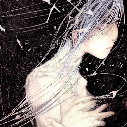 Image similar to Yoshitaka Amano realistic illustration of an anime girl with white hair and cracks on her face wearing dress suit with tie fluttering in the wind, abstract black and white patterns on the background, noisy film grain effect, highly detailed, Renaissance oil painting, weird portrait angle