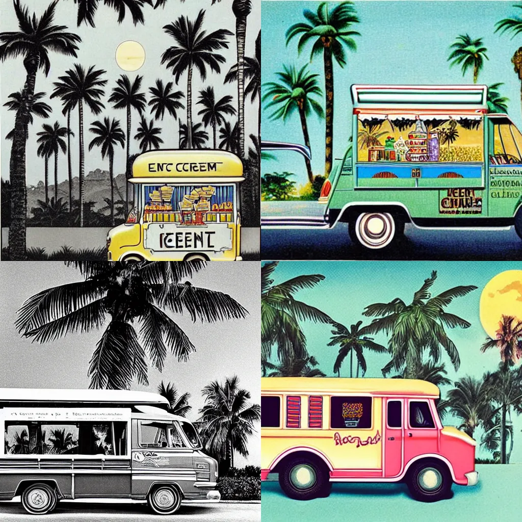Prompt: vintage ice cream truck driving between two palm trees at night on a full moon, mc escher, tarot card