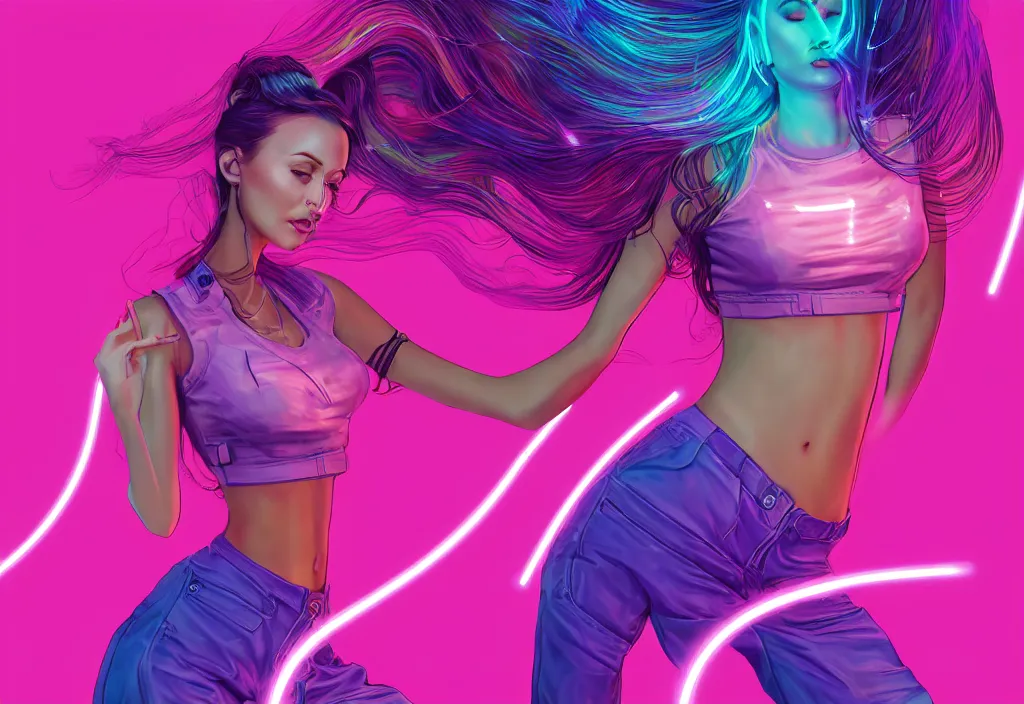 Image similar to a award winning half body portrait of a beautiful woman in a croptop and cargo pants with ombre purple pink teal hairstyle surrounded by whirling illuminated lines, outrun, vaporware, shaded flat illustration, digital art, trending on artstation, highly detailed, fine detail, intricate