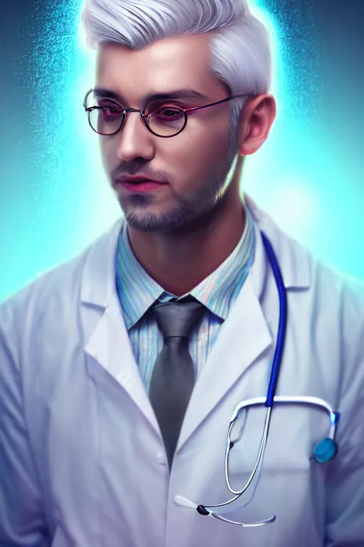 Image similar to character design, a handsome doctor with silver hair and a mixed face, blurred environment background, colorful magic effects, white skin, portrait, male, clothed, sharp focus, digital art, concept art, trending on artstation, dynamic lighting, by emylie boivin and rossdraws