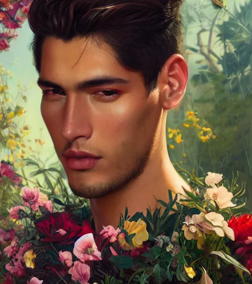 Prompt: portrait of a very handsome peruvian male model, surrounded by flowers by karol bak, james jean, tom bagshaw, rococo, trending on artstation, cinematic lighting, hyper realism, octane render, 8 k, hyper detailed.