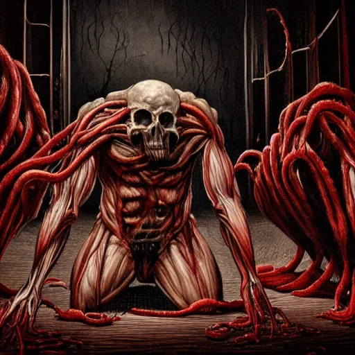 Prompt: a blood-oozing amorphous bloody meat blob composed of muscle, limbs, human and animal skulls, and writhing tendrils made of muscles and tendons, lurking in the darkness in a dark corridor, cinematic, high-quality, in color