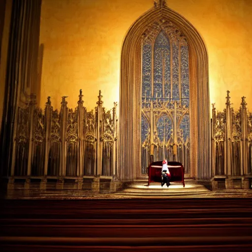 Image similar to man in large throne room of grand cathedral, sitting alone, shadows, fantasy, wallpaper