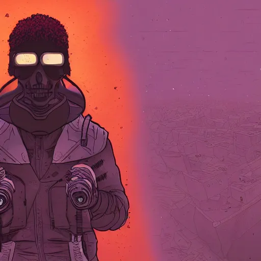 Prompt: in the style of max prentis and deathburger and laurie greasley a young mixed race male explorer wearing a cyberpunk headpiece who is communicating with a giant wise decaying robot head, highly detailed, 8k wallpaper