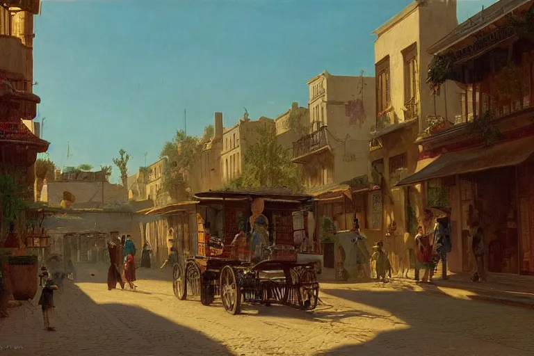 Image similar to cactus-lined street at dawn in a very beautiful Wild west city in summer by Ludwig Deutsch and Rudolf Ernst, colorful architecture, strong dramatic cinematic lighting, lost civilizations, smooth, sharp focus, extremely detailed