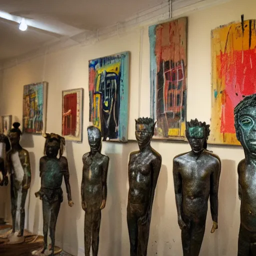 Prompt: a room full of bronze Jean-Michel Basquiat statues