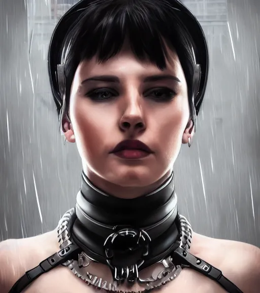 Image similar to detailed realistic female character cyberpunk wearing thick steel collar around neck, realistic, art, beautiful, 4K, collar, choker, collar around neck, punk, artstation, detailed, female, woman, choker, cyberpunk, neon, punk, collar, choker, collar around neck, thick collar, tight around neck, punk,