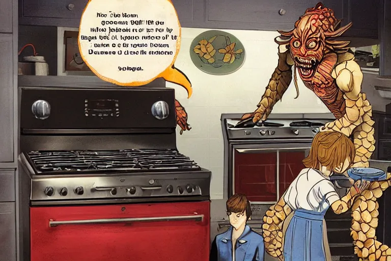 Prompt: demogorgon stands next to the stove and bakes pancakes in a frying pan