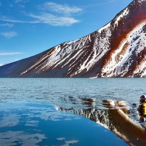 Image similar to an astronaut standing in the water of Lake Baikal and looking at the mountains