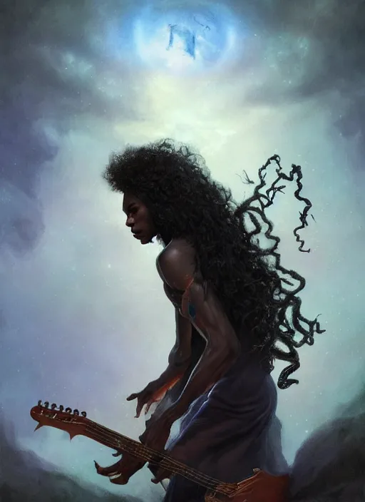 Image similar to fantasy changeling black kid with long curly hair playing electric guitar, between worlds, dim light, half n half ront game card, marvel comics, dark, intricate, highly detailed, smooth, artstation, digital illustration by ruan jia and mandy jurgens and artgerm and wayne barlowe and greg rutkowski and zdislav beksinski