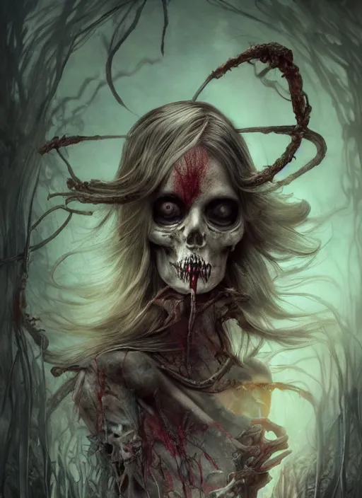 Prompt: Angry Alice in Wonderland, Death Tarot card,highly detailed,half skull face,cinematic,8k,by Stanley Artgermm,Tom Bagshaw,Greg Rutkowski,Carne Griffiths, Ayami Kojima, Beksinski, Giger,trending on DeviantArt,hyper detailed,horror, full of colour