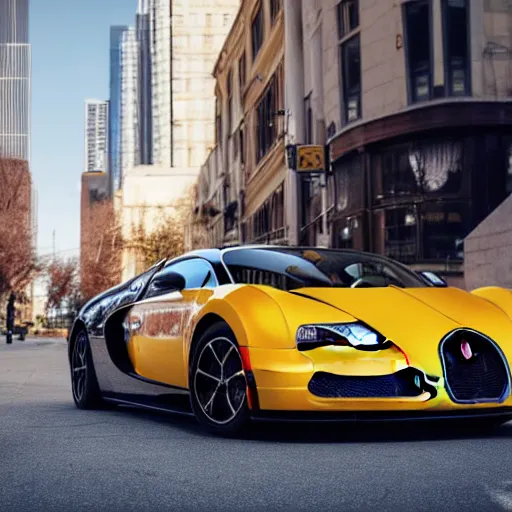 Image similar to photograph of a bugatti veyron on the streets of downtown kansas city missouri, daytime, realistic, 8 k