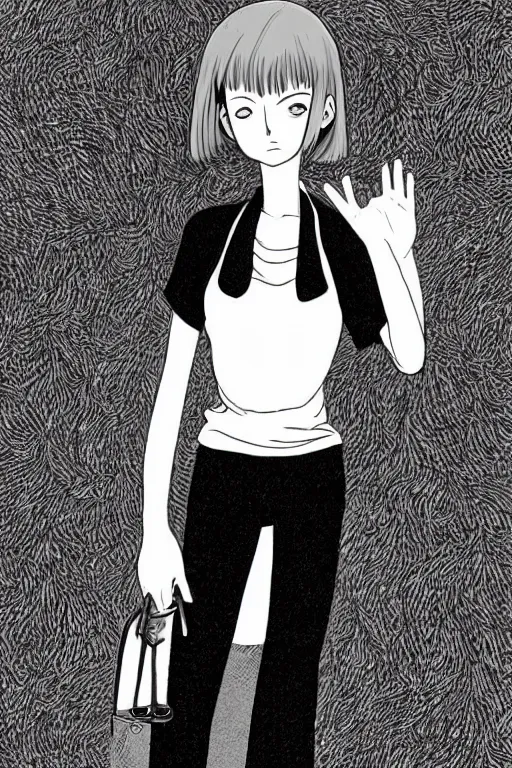 Image similar to portrait of a girl in long pants and a top, hands in pockets, eyes closed, bob haircut, digital art, black and white, lineart by junji ito and kaoru mori