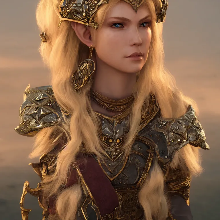 Prompt: a d & d character portrait of a beautiful noble elf princess with blonde hair, regal jewellry by bowater, charlie, trending on artstation, 4 k, cgsociety octane render