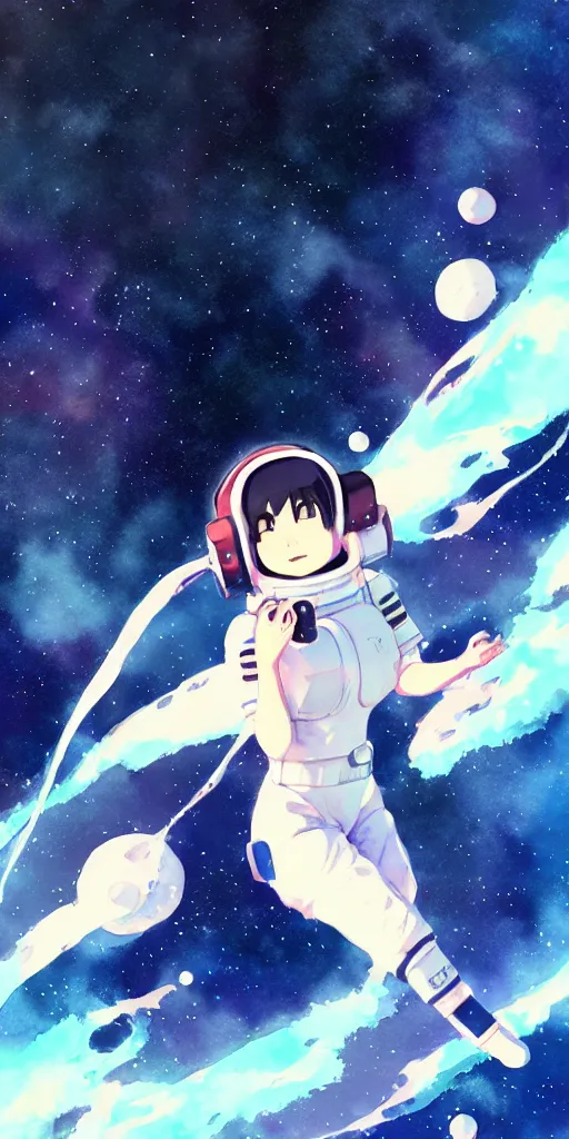 Image similar to oriental water color of a cute thicc astronaut woman, floating through space, backlit, by makoto shinkai and krenz cushart