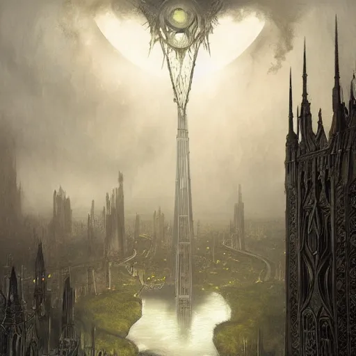 Image similar to an ultra detailed tarot card of a lonely and impossibly tall ominous gothic dark tower elevated high above the city, in a river elevated high above the city, fantasy capital city, ultrawide lense, aerial photography, scary thunderstorm, light fog, volumetric lighting, exquisite detail, 8 k, art by greg rutkowski and alphonse mucha