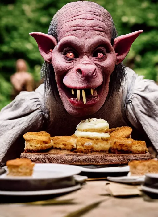 Image similar to closeup portrait of a medieval goblin eating cakes in the cloisters, depth of field, zeiss lens, detailed, symmetrical, centered, fashion photoshoot, by annie leibovitz and steve mccurry, david lazar, jimmy nelsson, breathtaking, 8 k resolution, extremely detailed, beautiful, establishing shot, artistic, hyperrealistic, beautiful face, octane render