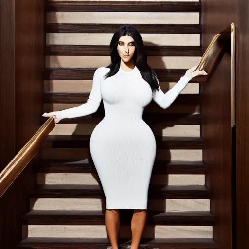 Image similar to Kim Kardashian standing on wooden stairs, staring inquisitively at the camera, elegant, high detail, GQ, Vogue,