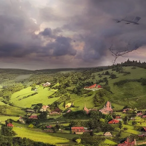 Prompt: Vast verdant empty flat valley surrounded by Transylvanian mountains. A huge zeppelin in the sky among dark clouds. A ruined medieval castle on the hillside in the background. No villages or buildings. Late evening light in the summer, gloomy weather. Hyperrealistic, high quality, sharp, highly detailed, petru bejan.