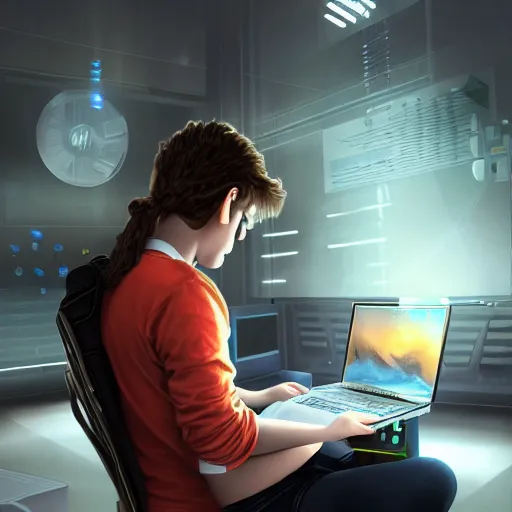 Image similar to realistic teenager using laptop in super tech room, artstation trends, concept art, highly detailed, intricate, sharp focus, digital art, 8 k