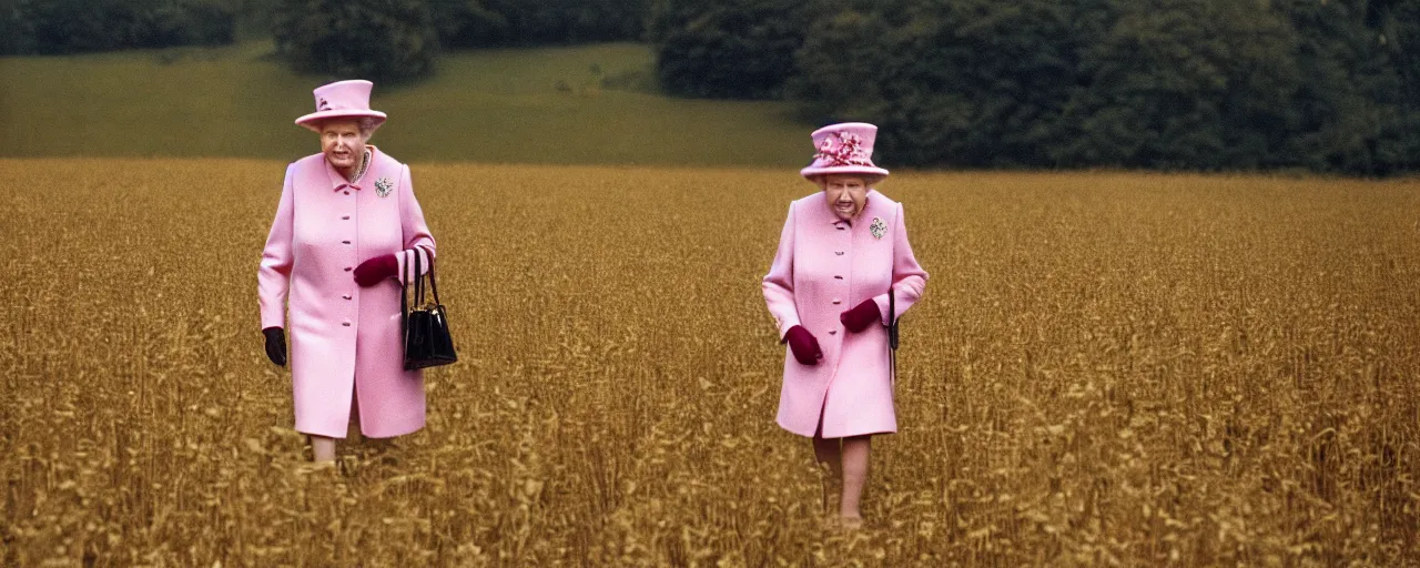 Image similar to queen elizabeth walking through a field of spaghetti in the english countryside, canon 2 0 mm, shallow depth of field, wes anderson, kodachrome