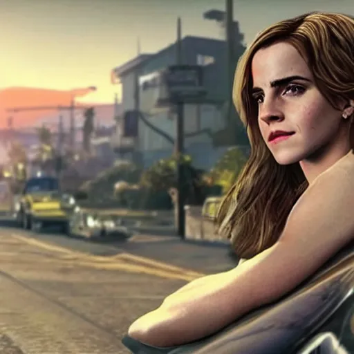 Image similar to emma watson on a gta 5 cover art