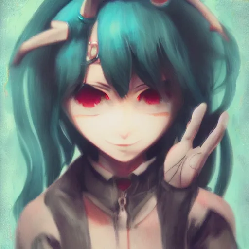 Image similar to scary terrifying liminal space polaroid of hatsune miku demon, artstation, cgsociety, deviantart, flickr