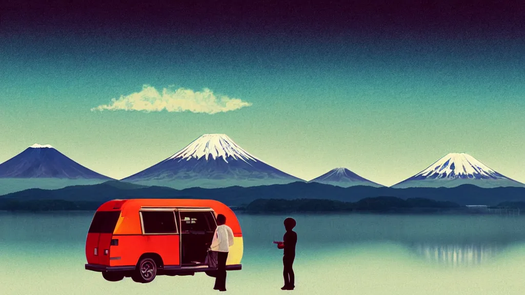 Image similar to a scene of two travellers and their camper touring overlook at the edge of yamanaka lake, reflecting mount fuji and a dramatic sky, japan, a collage painting, in the style of wes anderson, lola dupre, david hockney, isolated on negative white space background dark monochrome neon spraypaint accents volumetric octane render