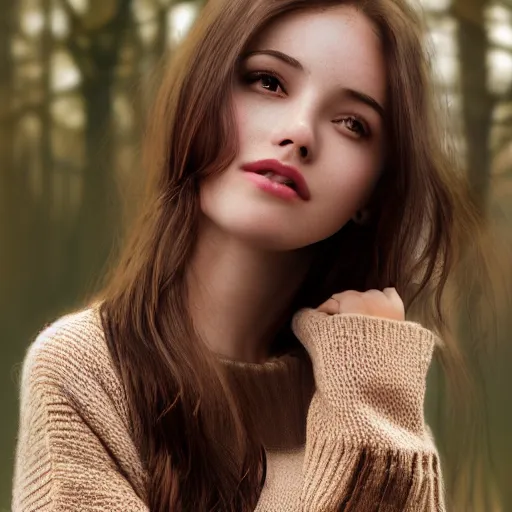 Image similar to real life photo of a beautiful girl, full body photoshoot, long brown hair, brown eyes, full round face, short smile, belly free dark brown sweater, forest setting, cinematic lightning, medium shot, mid - shot, highly detailed, trending on artstation, unreal engine 4 k, 8 0 mm, 8 5 mm, cinematic wallpaper