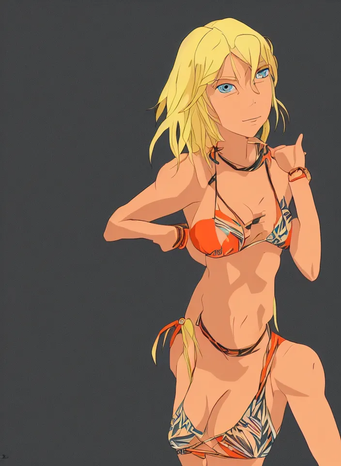 Prompt: beautiful blond woman in orange tribal bikini, blond hair pulled back off the face, green eyes, by makoto shinkai, 8 k, high resolution render, cinematic color grading, clean lineart and flat color,