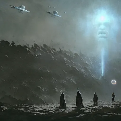 Prompt: pope francis fighiting against aliens in eerie atmospheric alien worlds by john schoenherr and glenn barr, epic cinematic matte painting,