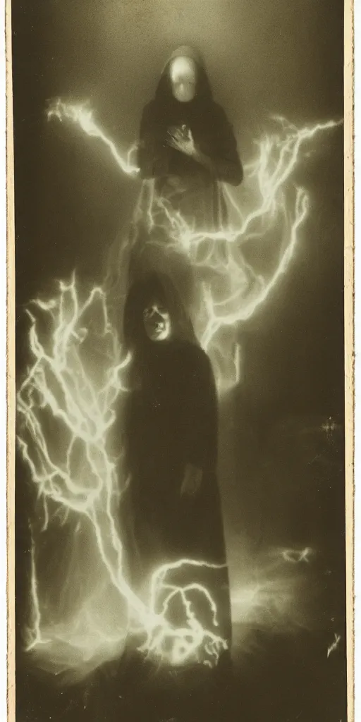 Image similar to spirit photography with glowing bulbous ectoplasm, scary shadow people, couple mourning, sleep paralysis demon, plasma lightning bolts, 1 9 0 0 s, slimer, summoning tall horned demon, mourning family, invoke fear and dread, old photograph, daguerreotype