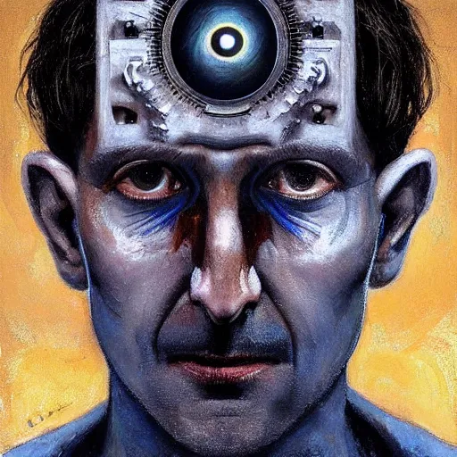 Image similar to surreal portrait of a man by Greg Rutkowski, symmetrical face, he is about 50 years old, short black hair with bangs, his features are a mix between French, Turkish and Russian, transformed into a kind of biomechanical transhuman god, blue glowing eyes, expression of epiphany and determination, cosmic void background, frightening, fascinating, highly detailed portrait, digital painting, book cover, artstation, concept art, smooth, sharp foccus ilustration, Artstation HQ