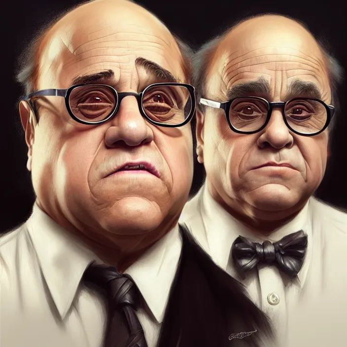 Image similar to danny devito and a blond man, elegant, real life skin, intricate artwork, high detailed, artstation, concept art, smooth, sharp focus, art by artgerm and greg rutkowski