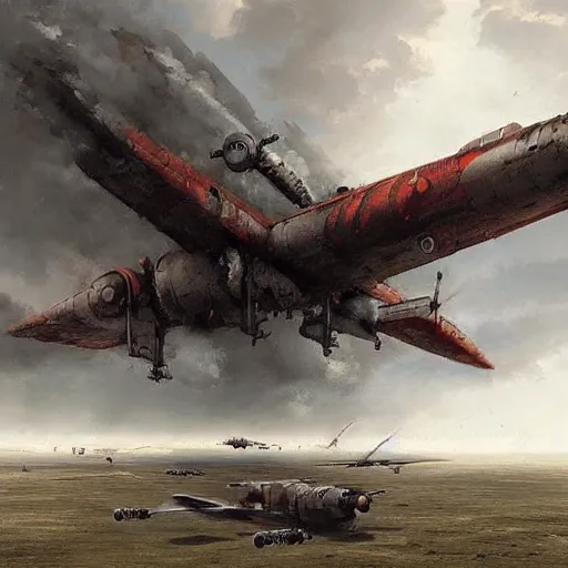 Prompt: huge steampunk aircraft in battle, sky, explosions, dense fog, jakub rozalski