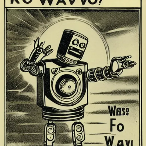 Prompt: Vintage illustration depicting a robot that waves hello