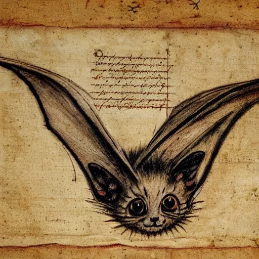 Prompt: anatomy of a bat kitten on parchment, very detailed, by leonardo davinci