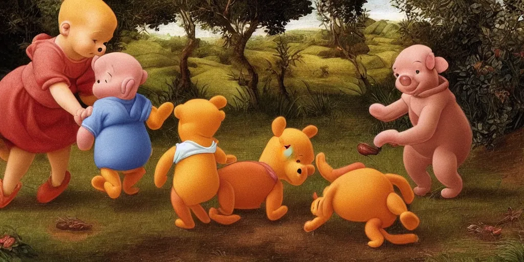 Image similar to A renaissance painting of winnie the pooh hunting piglet, high detail, hyper realistic,