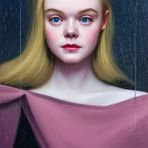 Prompt: Elle Fanning at a funeral in the style of Paola Vetri, head and shoulders portrait, stormy weather, extremely detailed masterpiece, oil on canvas, low-key neon lighting, artstation, Blade Runner 2049, Roger Deakin’s cinematography, by J. C. Leyendecker and Peter Paul Rubens and Edward Hopper and Michael Sowa,