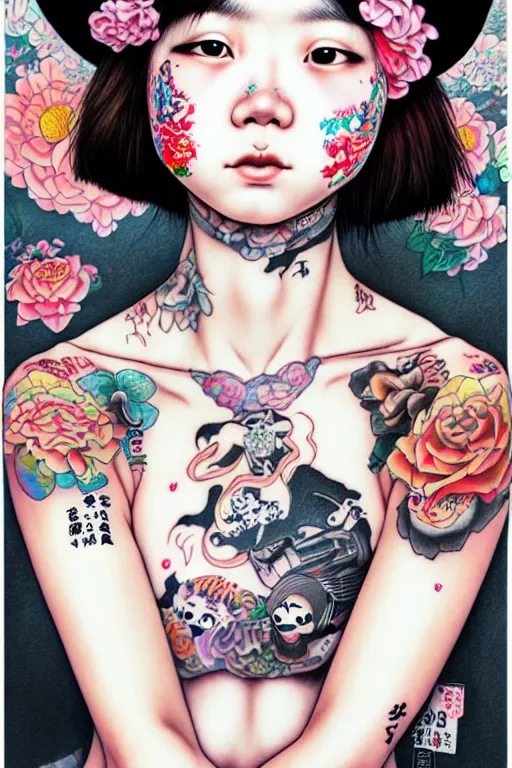 Prompt: full view of taiwanese girl with tattoos, wearing a cowboy hat, style of yoshii chie and hikari shimoda and martine johanna, highly detailed