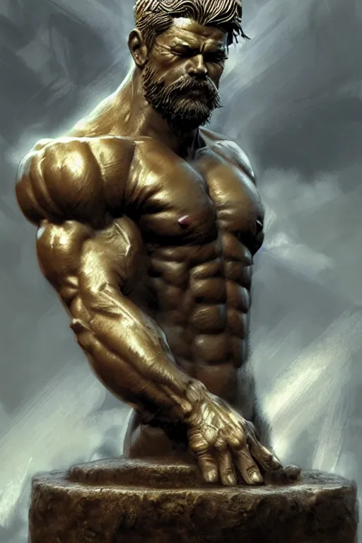 Image similar to portrait of dog as god by greg ruthkowski and craig mullins, norse statue, gorgeous, amazing, flowing hair, muscular, very muscular male body, intricate, highly detailed, 8 k, digital painting