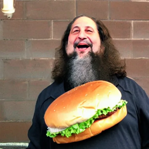 Prompt: photo of richard stallman trying to eat a giant hamburger
