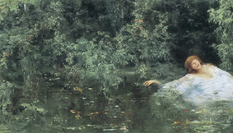Image similar to artwork painting of ophelia by eugene von guerard, ivan shishkin, john singer sargent