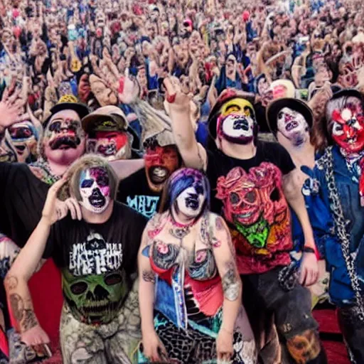 Image similar to juggalos invading a grateful dead concert, highly detailed facial expressions