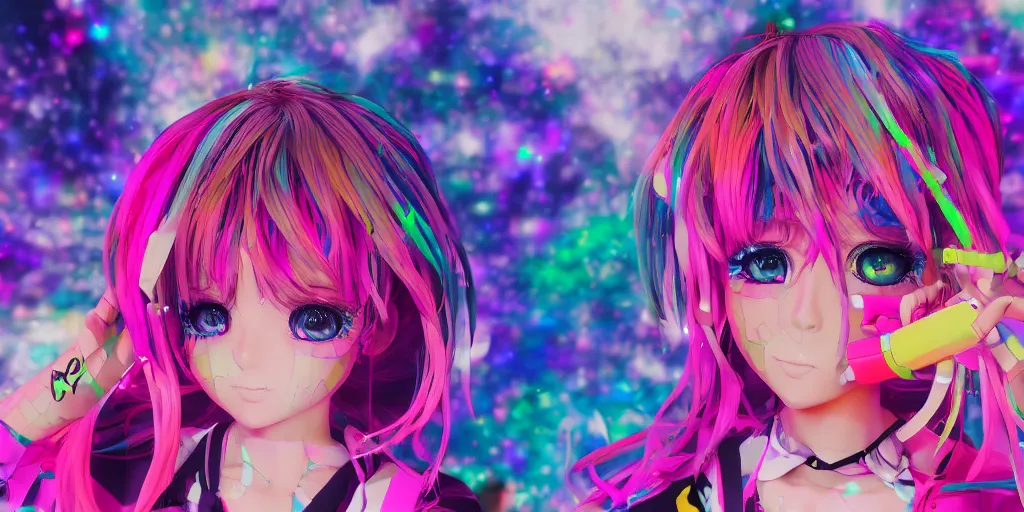 Prompt: 3 d anime decora gyaru kawaii fashion model, v tuber, darling in the frank, asuka, anime best girl, with glitch and scribble effects, psychedelic colors, 3 d render octane, by wlop, wenjr, beeple, artstation, imaginefx