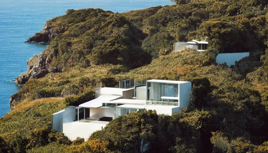 Image similar to modern house perched on a cliff overlooking a magnificient bay, drawing architecture, pritzker architecture prize, greig fraser