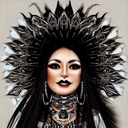 Prompt: beautiful illustration of a mexican woman of 4 0 years old, with curly black and silver hair, the woman has beautiful black eyes, her skin is light brown, she is dressed in shaman clothes, in the style of noriyoshi ohrai