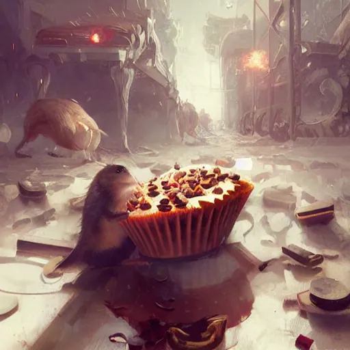 Image similar to awoke to the violent crunch of wood, metal, radiator, sweet smells of gerbils and cupcakes, by wlop, artgerm, greg rutkowski